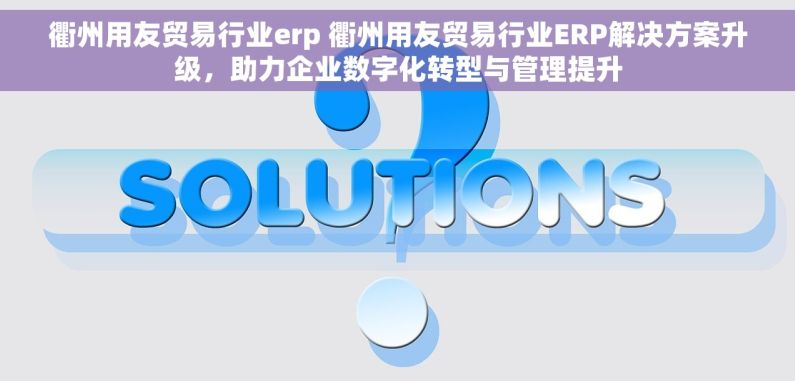 衢州用友贸易行业erp 衢州用友贸易行业ERP解决方案升级，助力企业数字化转型与管理提升